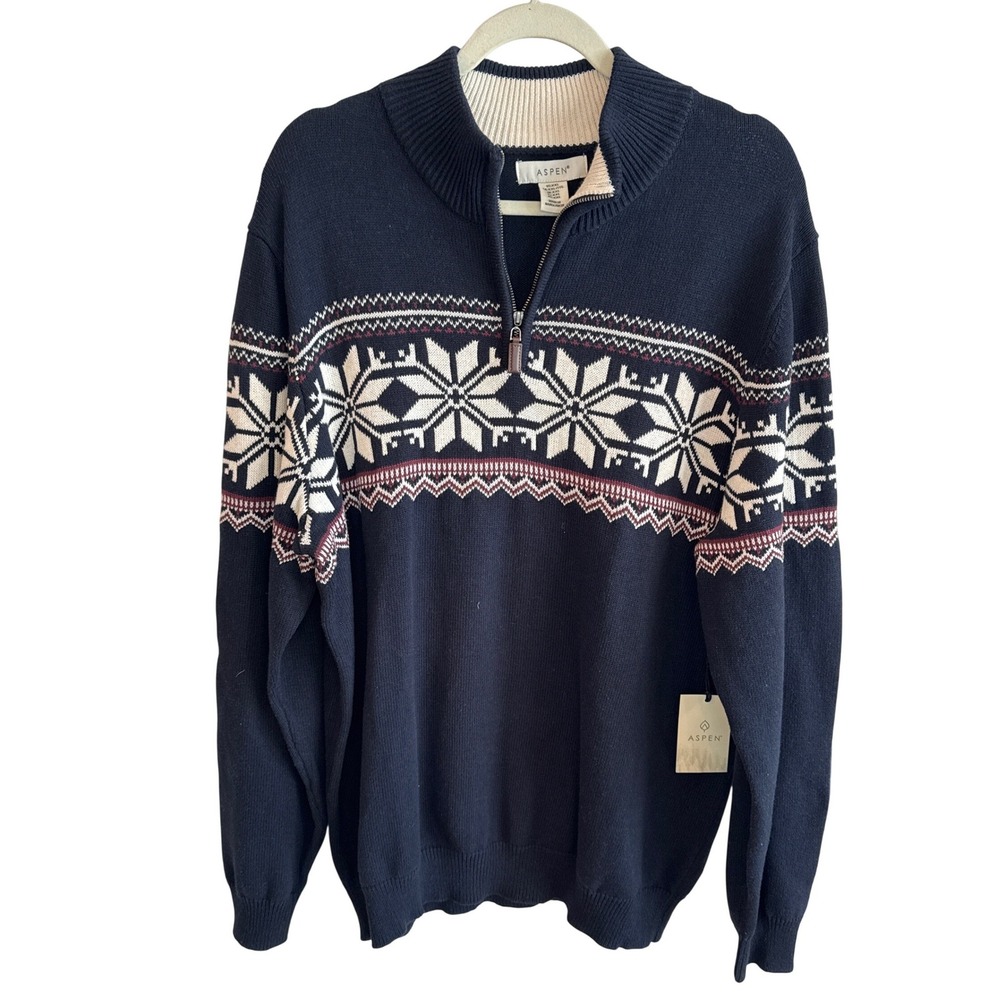 Aspen Mens XXL Quarter Zip Fair Isle Sweater Navy Blue Nordic Snowflake NWT‎
